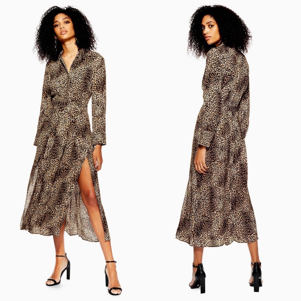 TOPSHOP Petite Animal Print Midi Shirt Dress Split